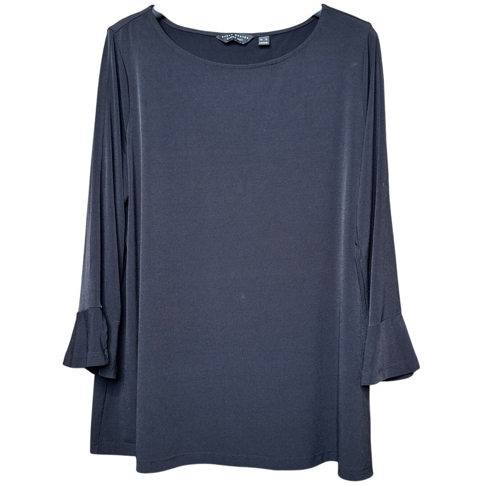 Susan Graver Every Day Black Bell Sleeve Boat Neck Top XL Stretch Knit Blouse
